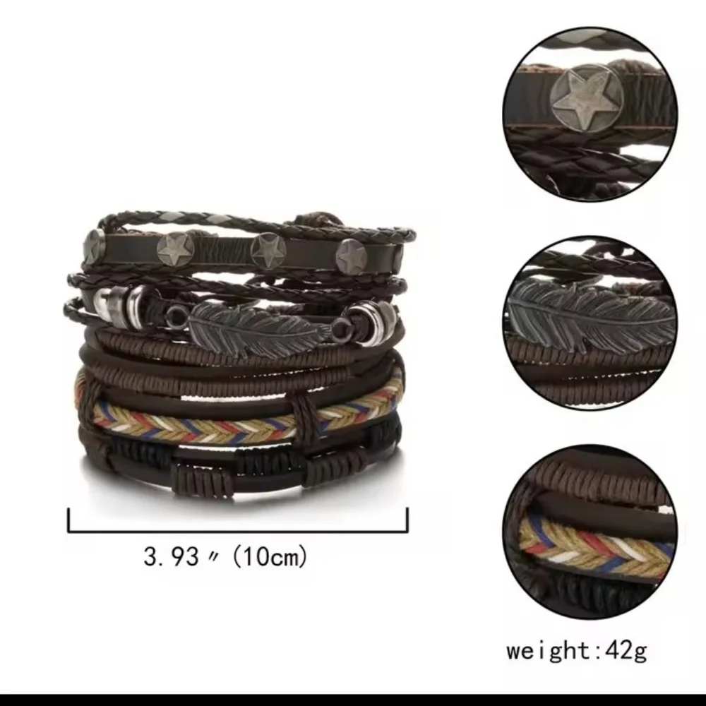 Men's Bracelets Leather 5pc Braided Layered Feather Brown Jewelry‎ F98